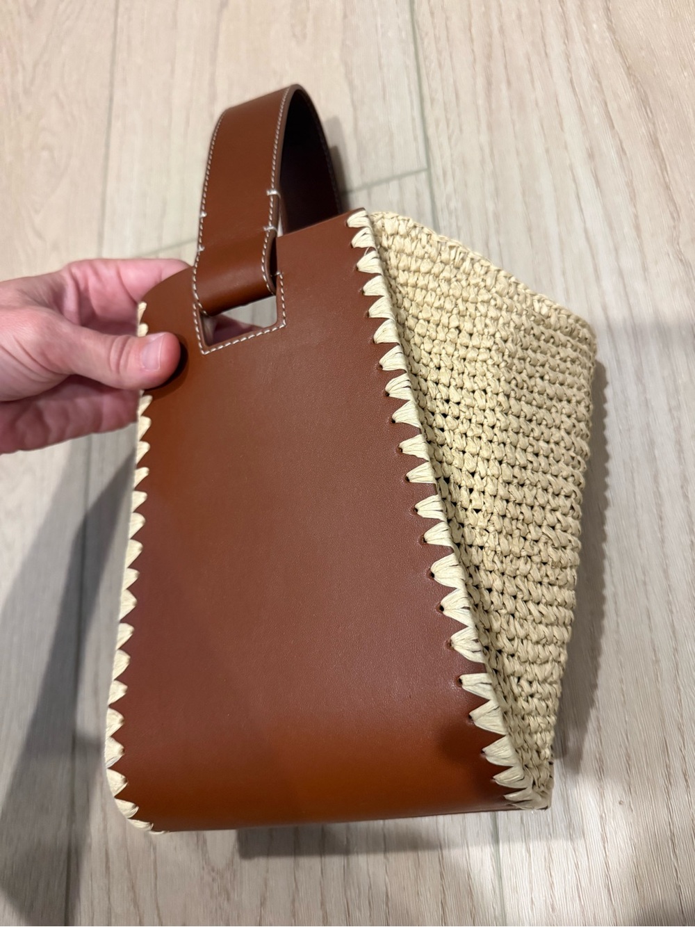 NWT J. Crew Brown and Natural Woven Leather-Trim Wristlet Tote top handle bag - Picture 3 of 3